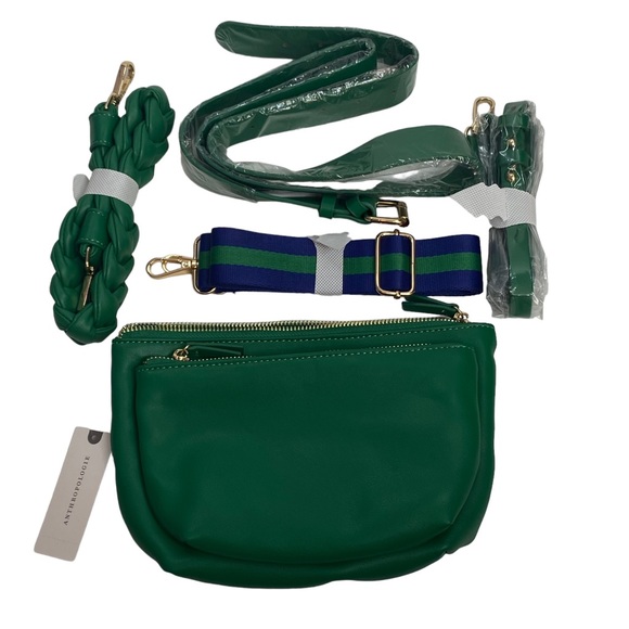 ANTHROPOLOGIE GREEN GOLD ZIPPER FAUX LEATHER CONVERTIBLE NWT $78 PURSE - Picture 1 of 4